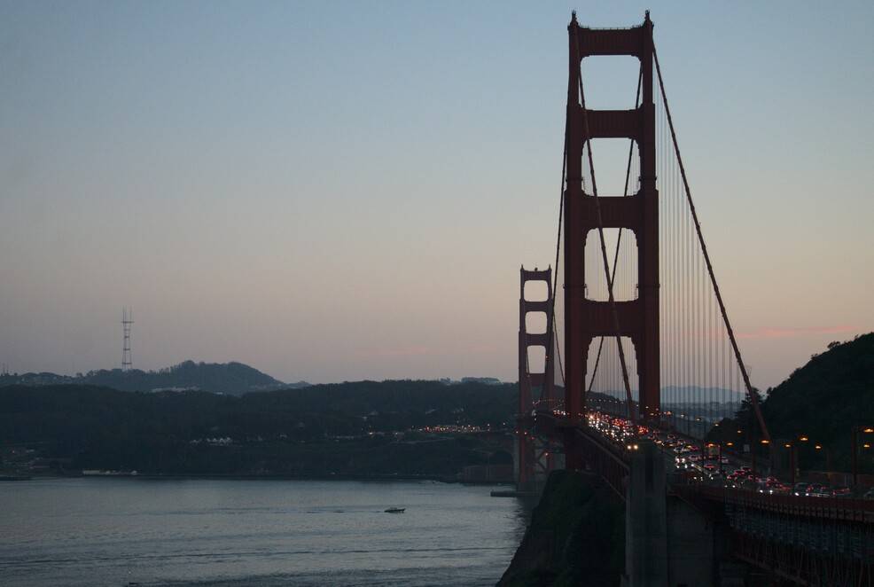 View of the Golden Gate Bridge and San Francisco Skyline at Sunset